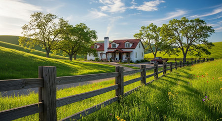 Country house in the middle of a beautiful green field with a fence.の素材