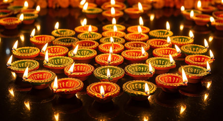 Happy Diwali - Clay Diya lamps lit during Dipavali celebration.の素材