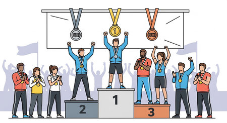 Winners with medals on podium. Group of men and women in sportswear celebrating their victory. Vector illustration in linear style.の素材