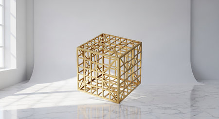 3d render of golden cube on white marble floor with copy spaceの素材