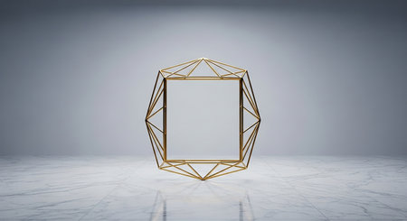 3D rendering of a golden geometric figure on a gray background.の素材