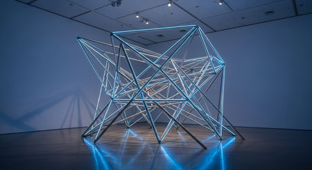 3d rendering abstract geometric shape in empty room with neon light.の素材