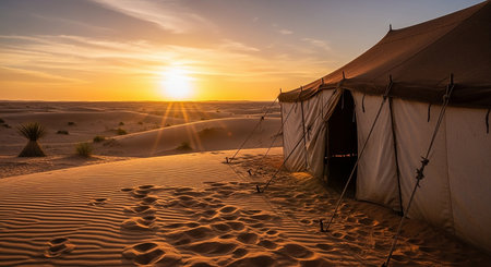 Tent in the desert of Dubai at sunset, United Arab Emiratesの素材