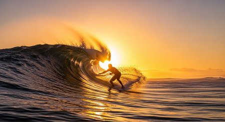 Surfer at sunset on a beautiful ocean wave. California, USAの素材