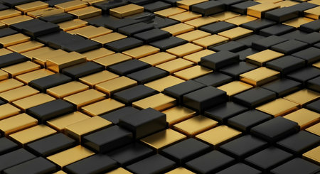 Abstract 3D rendering of black and gold geometric shapes. Reflective surface pattern.の素材