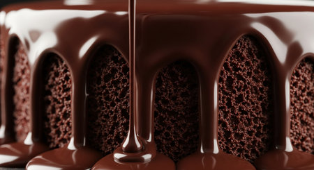 close up of chocolate cake with chocolate syrup pouring on top, 3d renderingの素材