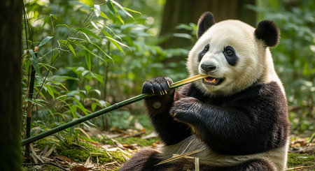 Giant panda eating bamboo in Chengdu, Sichuan Province, Chinaの素材