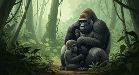Mother gorilla with her baby in the jungle - illustration for children.の素材