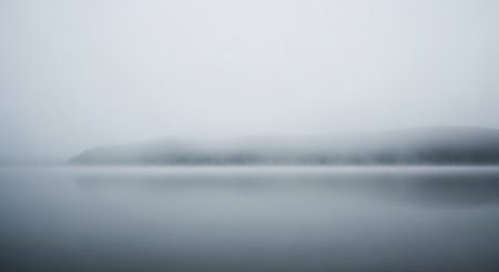 Foggy morning on the lake. Long exposure photo of foggy lake.の素材