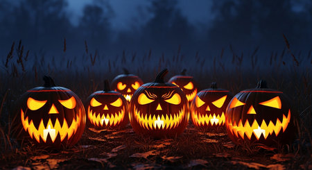 Halloween pumpkins in the forest at night. 3D renderingの素材