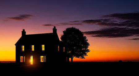 Silhouette of a house at sunset with a tree in the foregroundの素材