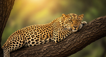 Leopard lying on a tree in the jungle. Wildlife scene.の素材