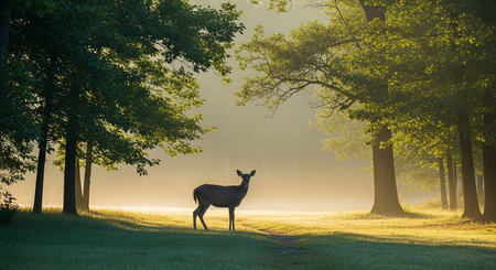 Roe deer in a foggy forest at sunrise. Nature backgroundの素材