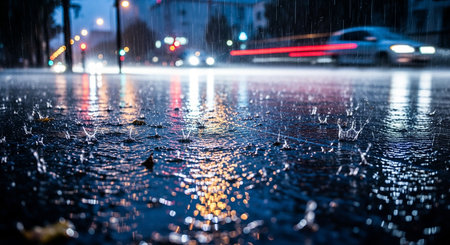 Rain drops on the wet asphalt in the city at night. Selective focusの素材