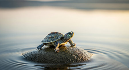 turtle on the rock in the water, closeup of photoの素材