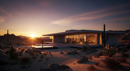 3D rendering of a house in the desert with a beautiful sunsetの素材