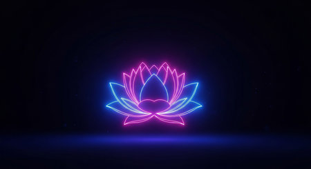 Neon lotus flower in neon style on dark background. Vector illustration.の素材