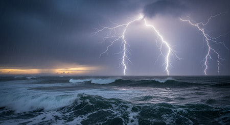 Beautiful stormy seascape with stormy sky and lightningの素材