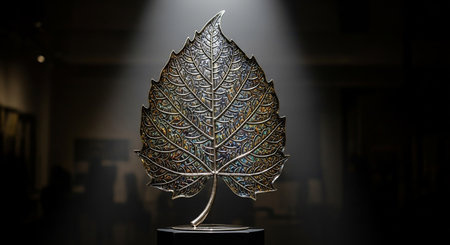 3d illustration of a silver leaf on a stand in a museumの素材