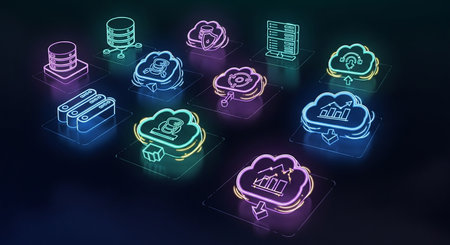 Cloud computing concept neon glowing icons set on dark background 3D renderingの素材