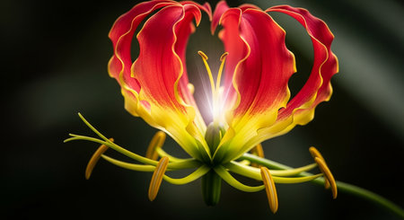 Close up of a lily flower with yellow and red petalsの素材