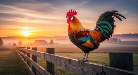 Colorful rooster standing on a wooden fence at sunrise in the countrysideの素材