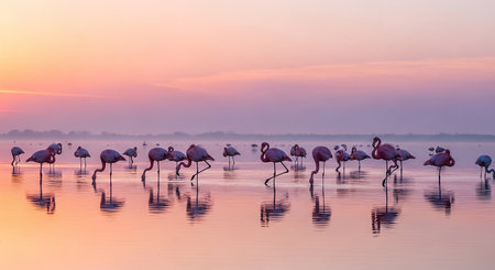 Flamingo in the lake at sunrise, Walvis Bay, Namibiaの素材