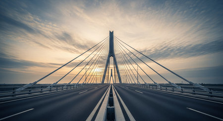 Cable-stayed bridge at sunset in Rotterdam, Netherlandsの素材