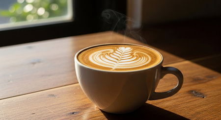Hot latte art coffee on wooden table in coffee shop, stock photoの素材