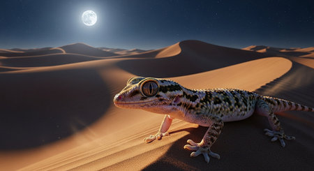 Leopard gecko in the desert at night. 3D renderingの素材