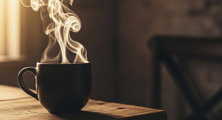 Coffee cup with smoke on wooden table in coffee shop.の素材