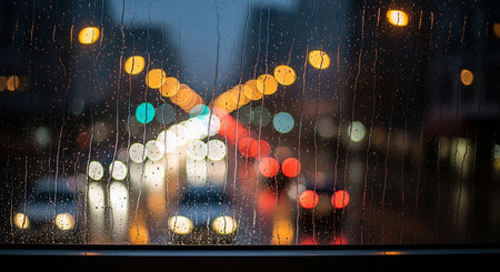 Rain drops on the window with bokeh of car in cityの素材
