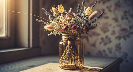 Bouquet of dried flowers in a vase on the windowsillの素材
