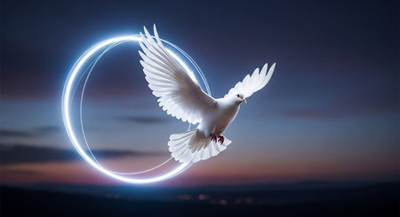 Peace dove flying in the night sky. Mixed media. Mixed mediaの素材