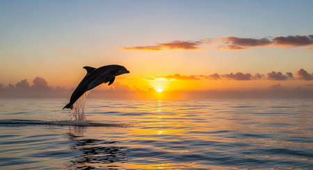 Dolphins jumping out of the sea at sunset. Dolphins jumping out of the water.の素材