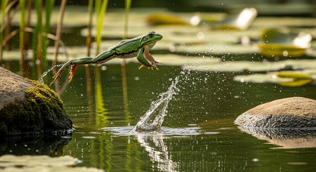 Green frog jumping in the water to catch a fish in a pondの素材