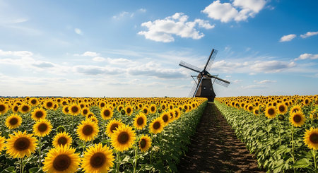 Sunflowers field with windmill in Kinderdijk, Netherlandsの素材