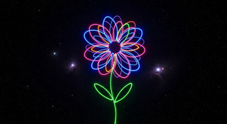 Neon flower in the starry sky. 3d illustration.の素材