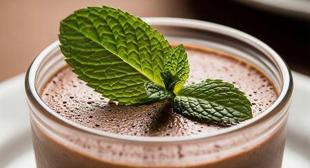 Chocolate mousse with mint in a glass. Selective focus.の素材