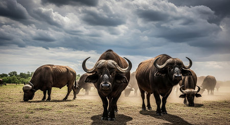 Buffalo herd in the meadow and stormy sky background.の素材