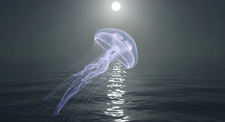 Jellyfish in the sea with full moon. 3d renderingの素材