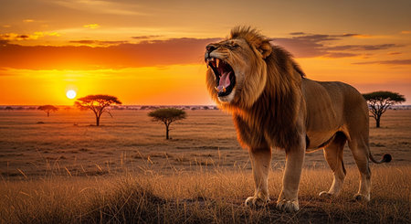 Lion at sunset in Serengeti National Park, Tanzaniaの素材