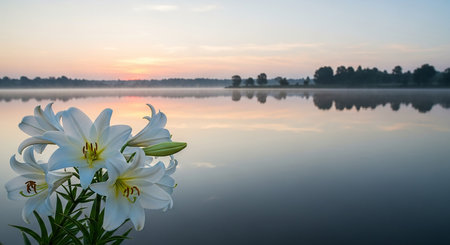 Lily flowers on the lake at sunrise. Beautiful nature background.の素材