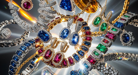 Jewelry background with precious stones and gems. 3d illustrationの素材