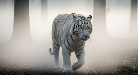 White tiger running in the forest with fog and sun rays on backgroundの素材