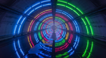 Futuristic tunnel with colorful neon lights. 3d rendering.の素材