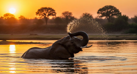Elephant splashing water in Chobe National Park, Botswana, Africaの素材