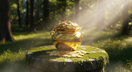 Golden pot with gold coins on green grass in the forest. Concept of wealth and prosperity.の素材