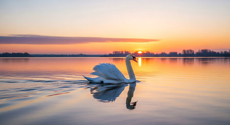 Beautiful white swan swimming on the lake at sunset. Beauty of nature.の素材