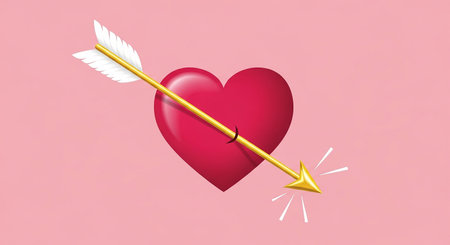 Red heart pierced by an arrow on a pink background. 3d illustrationの素材